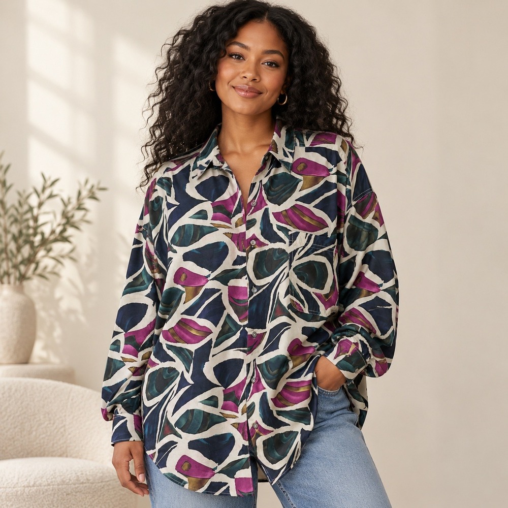 Vintage Structure Silk Button Down Shirt Women L Purple Abstract Geometric Top